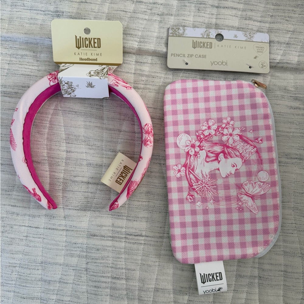WICKED Katie K Pink Floral Headband and Checkered Pencil Case